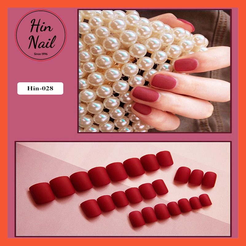 24 móng tay giả màu đỏ tím Hin Nail móng giả kèm keo sơn nhám lì