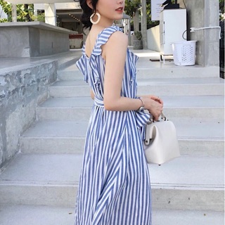 Đầm suông, váy midi sọc xanh dây bèo (kèm hình thật)