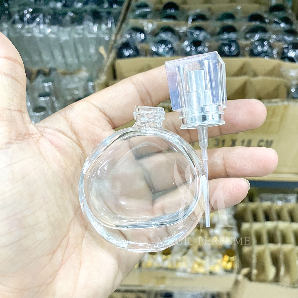 Chai lọ đựng nước hoa thủy tinh cao cấp 25ml dạng bầu dẹt nắp trong, phun sương, kín, không rò rỉ chảy nước