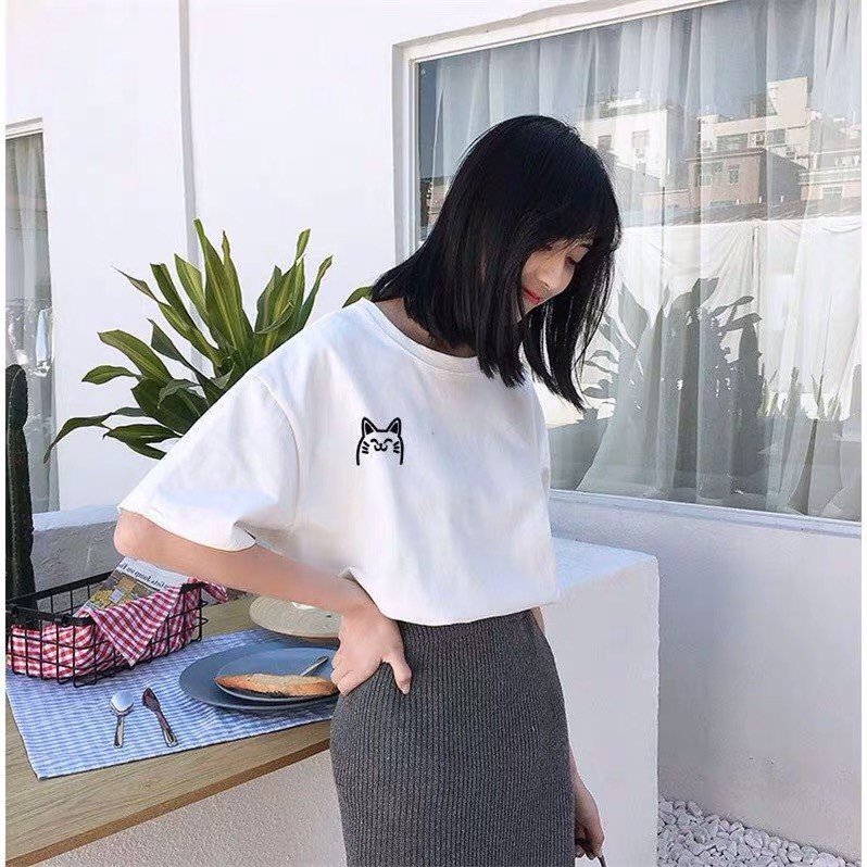 Áo thun tay lỡ unisex nam nữ form rộng thêu mèo (mới về)