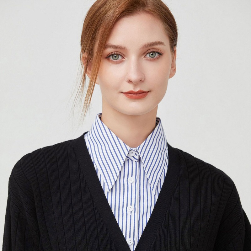 Han Áo Sơ Mi Lửng Cổ Bẻ Rời Được Kẻ Sọc Xanh Lam Mùa Thu Đa Năng Cho Nữ Swi