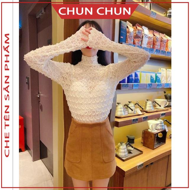 Áo giữ nhiệt ren hàng Quảng Châu siêu xinh Chunchun, áo nữ cổ lọ phong cách Hàn Quốc.