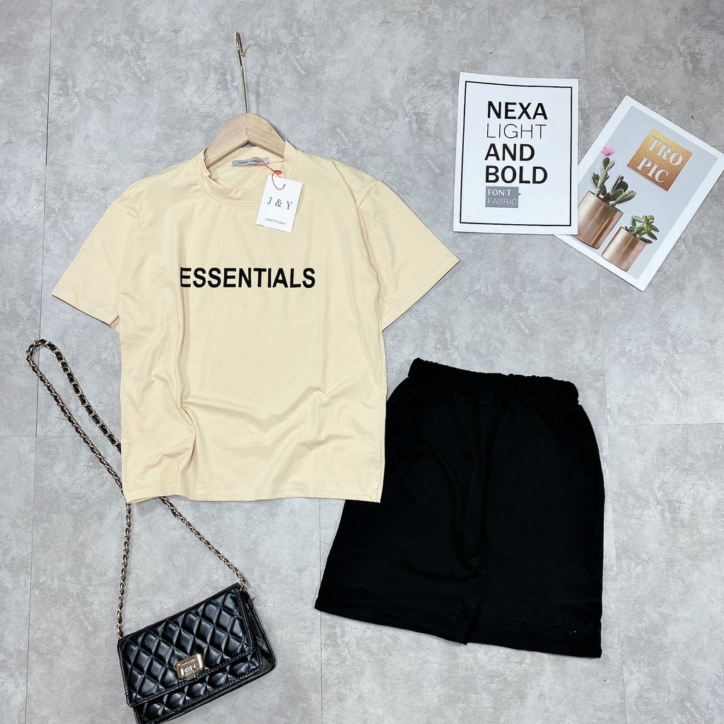 Set bộ đồ nữ áo phông chữ ESS mix quân legging lửng | BigBuy360 - bigbuy360.vn