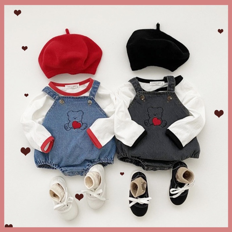 Bộ Áo Liền Quần Denim Tay Dài Thời Trang Mùa Đông Phong Cách Hàn Quốc Cho Bé Sơ Sinh