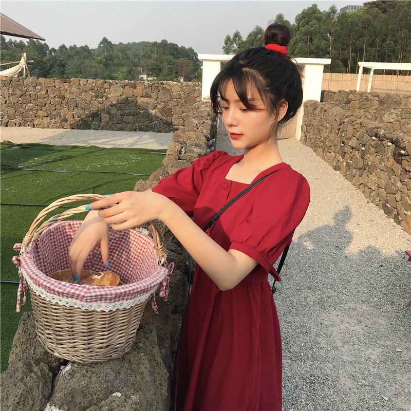Đầm chữ A cổ vuông tay phồng phong cách Hàn Quốc thời trang mùa hè xinh xắn cho nữ