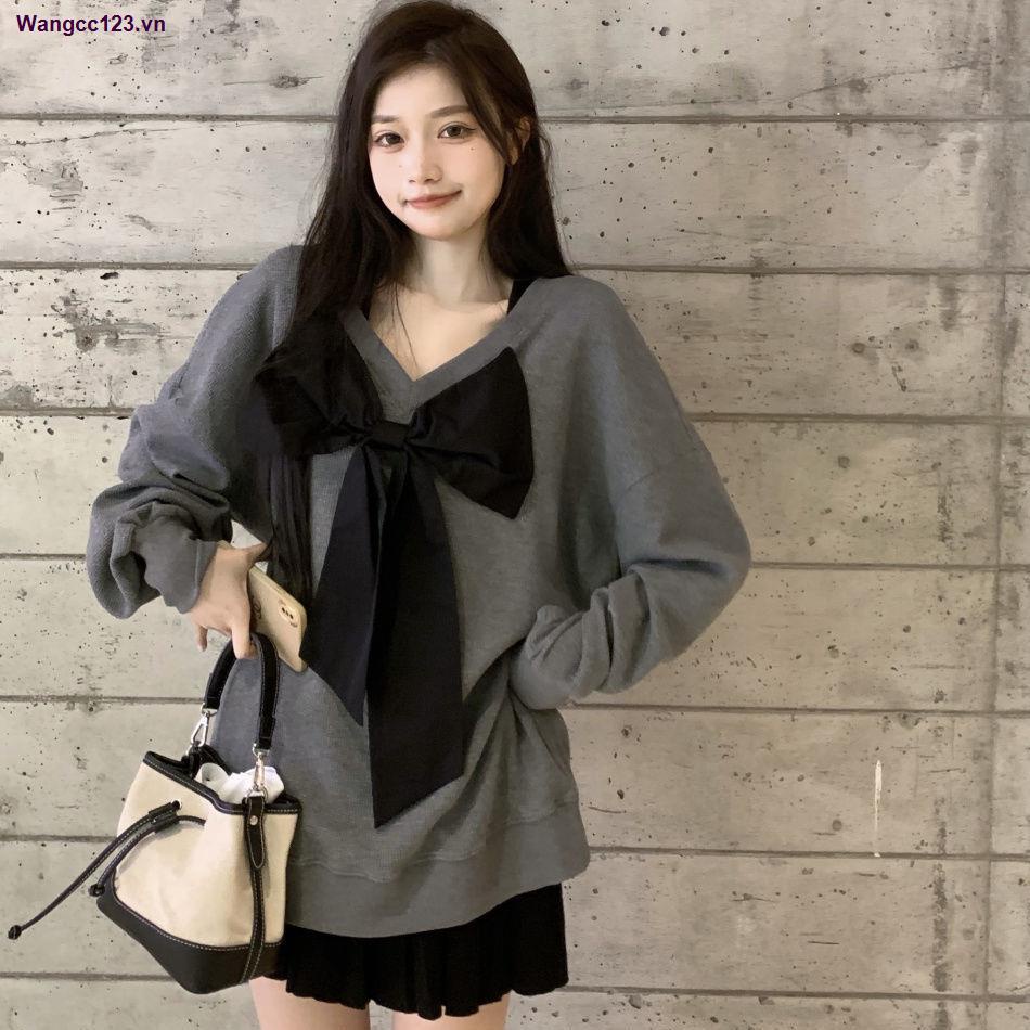 Áo sweater tay dài dáng rộng cổ chữ V thắt nơ thời trang mùa thu cho nữ