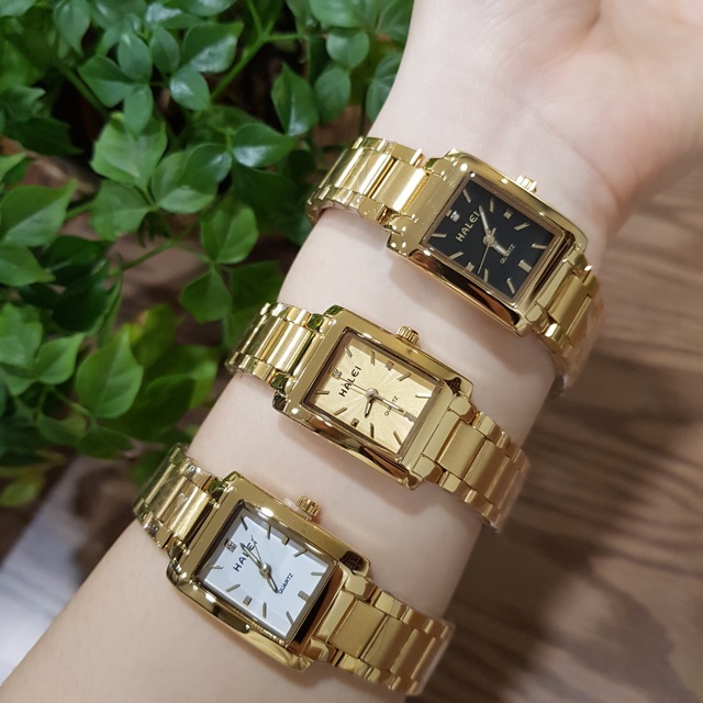 Đồng hồ nữ Halei mặt vuông dây kim loại vàng chính hãng Tony Watch 68