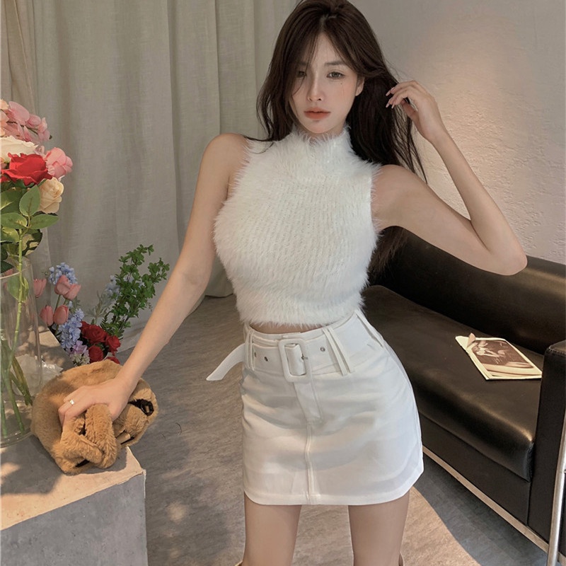 Bộ Áo Sát Nách Cổ Cao + Chân Váy Chữ a Lưng Cao Cá Tính Thời Trang