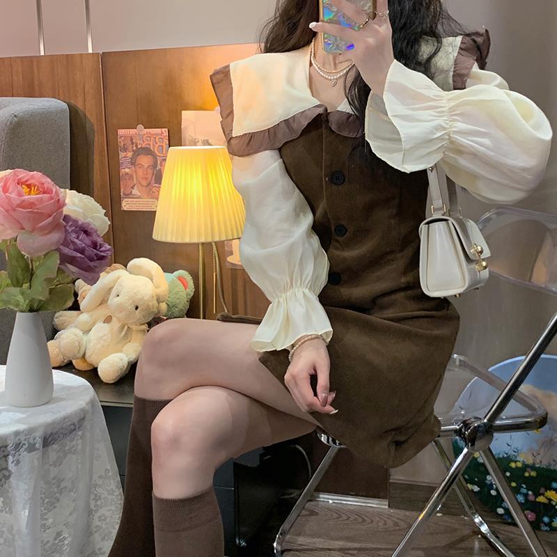 Đầm tay dài giả hai lớp phong cách retro thời trang mùa đông 2021 dành cho nữ