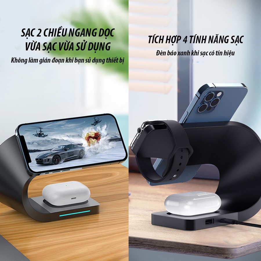 Đế sạc nhanh không dây từ tính 15w cho điện thoại, đồng hồ thông mình - sạc không dây đa năng 4 trong 1