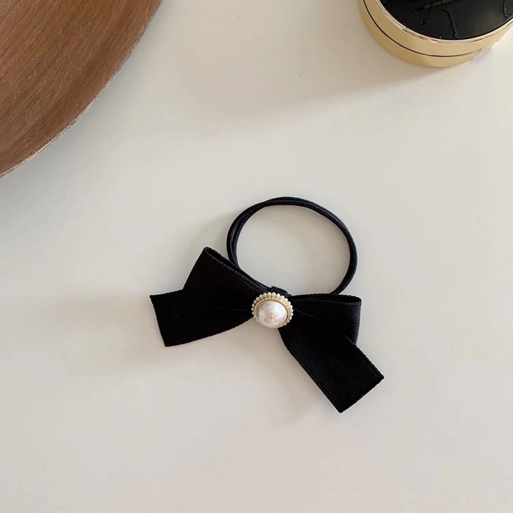 Dây Buộc Tóc Cao Su Màu Đen Đính Nơ Và Ngọc Trai Phong Cách Retro Pháp