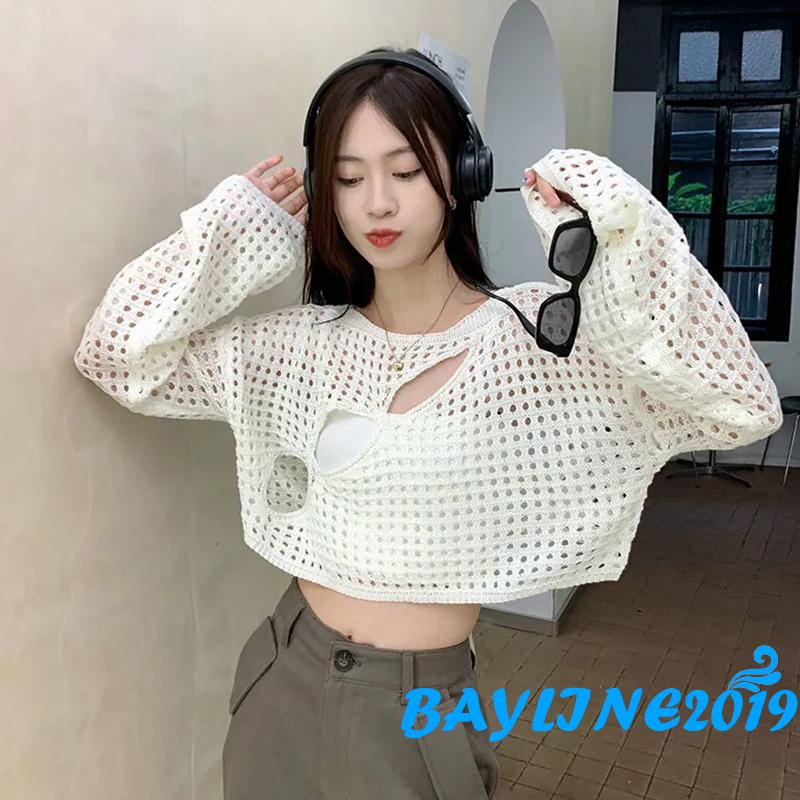 Áo Thun Dệt Kim Tay Dài Cổ Tròn Dáng Rộng Khoét Lỗ Thời Trang Cho Nữ