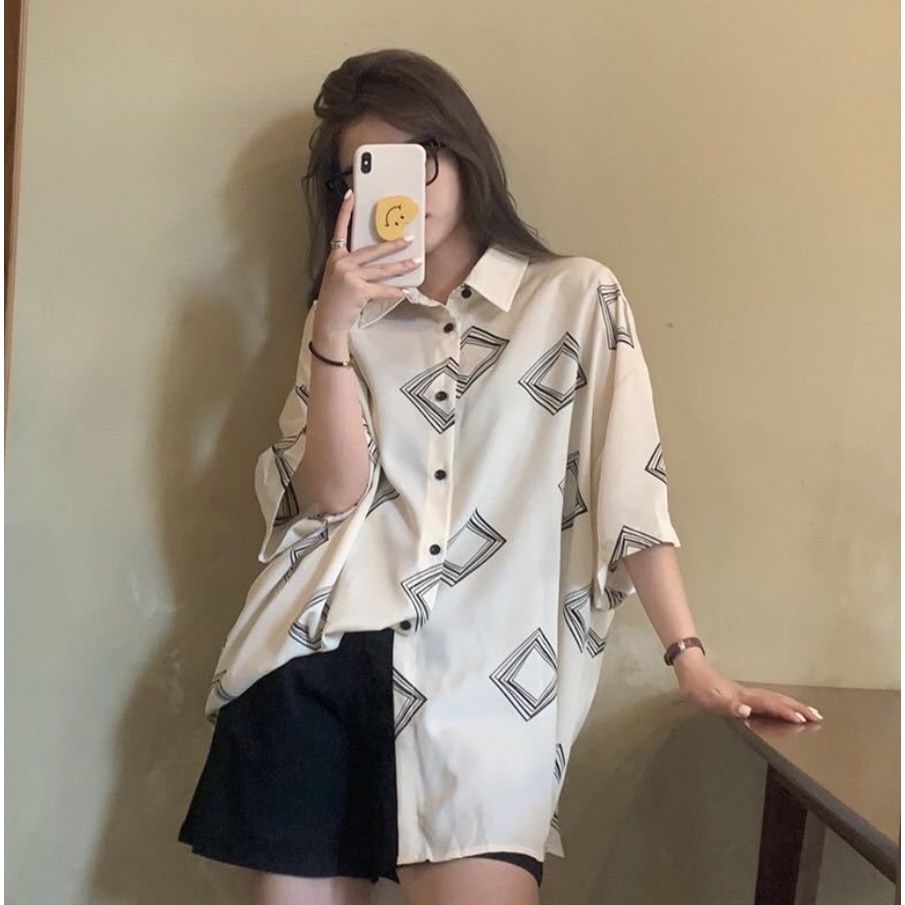 Áo sơ mi nữ kiểu form rộng tay lỡ Vanessa Stylish chất liệu đũi trơn mịn mát in hình Ô Vuông Đen Trắng SMH.40
