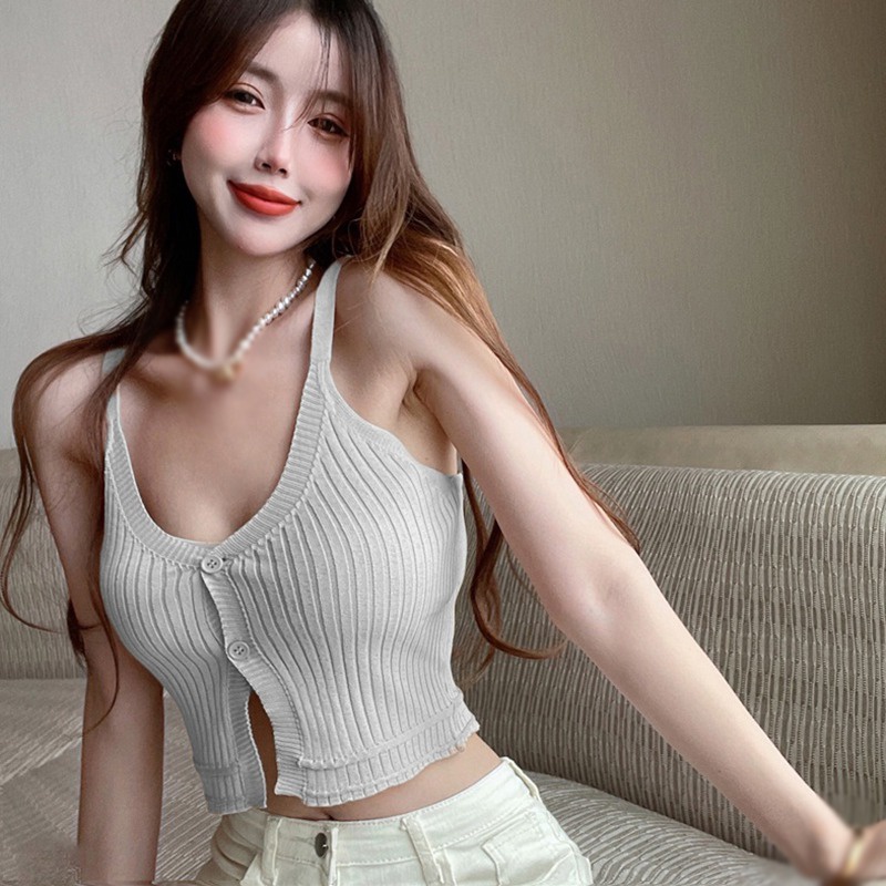 Áo Croptop Dệt Kim Cổ Chữ V Màu Sắc Trơn Gợi Cảm Cho Nữ