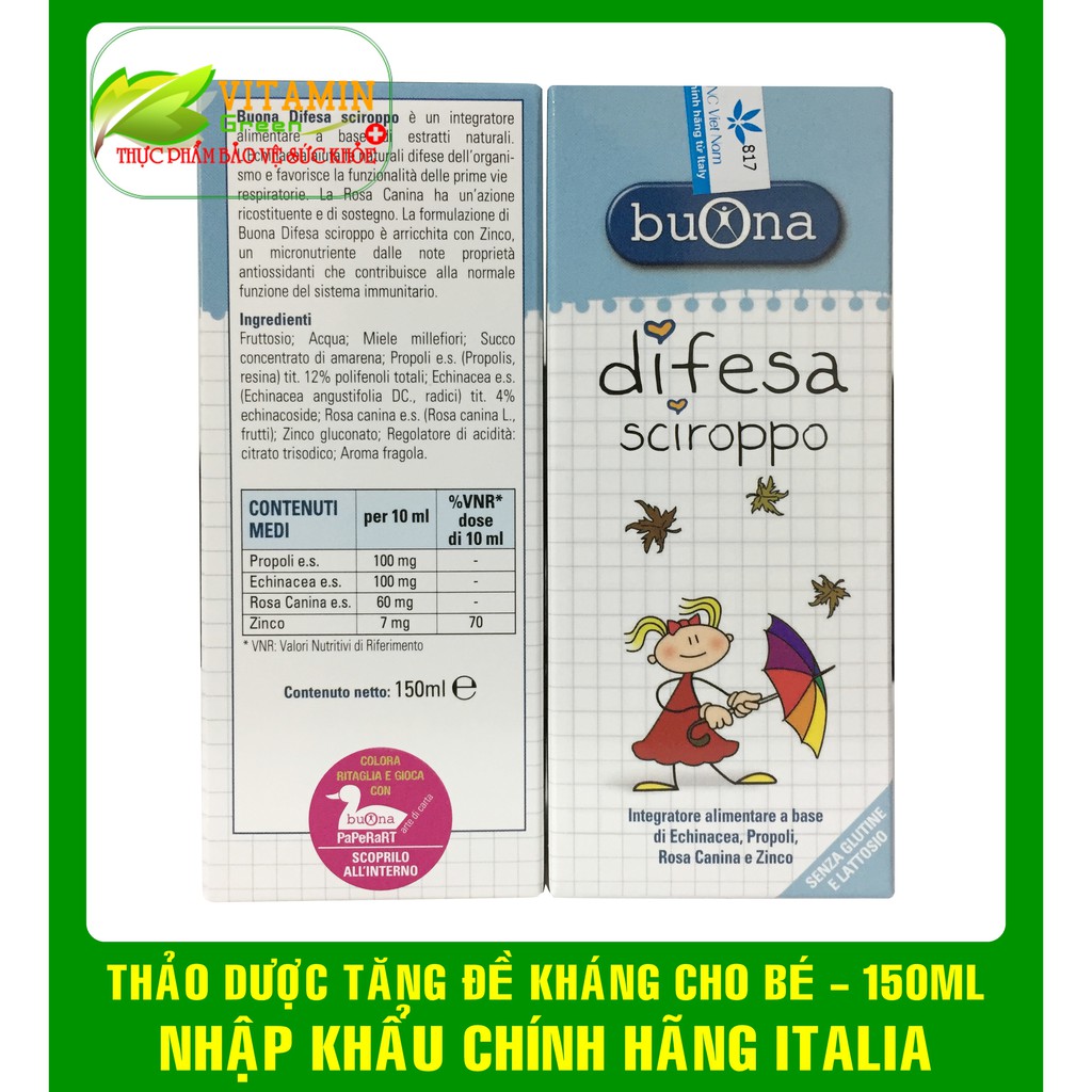 BUONA DIFESA SIRO TĂNG ĐỀ KHÁNG CHO BÉ TỪ THẢO MỘC THIÊN NHIÊN 150ML | NHẬP KHẨU CHÍNH HÃNG ITALIA