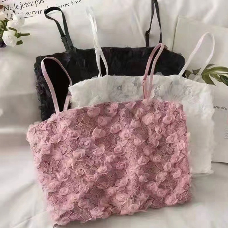 Áo Croptop Hai Dây Màu Trơn Họa Tiết Hoa Hồng 3D Phong Cách Pháp Thời Trang Mùa Hè Cho Nữ