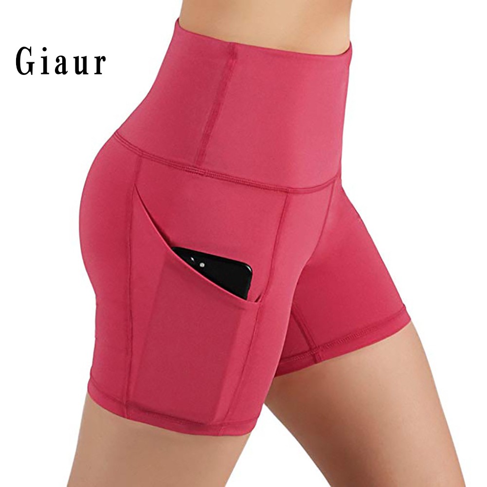 GIAUR  Sports Women High Waist Yoga Shorts Gym Running Skinny Short Pants with Pocket