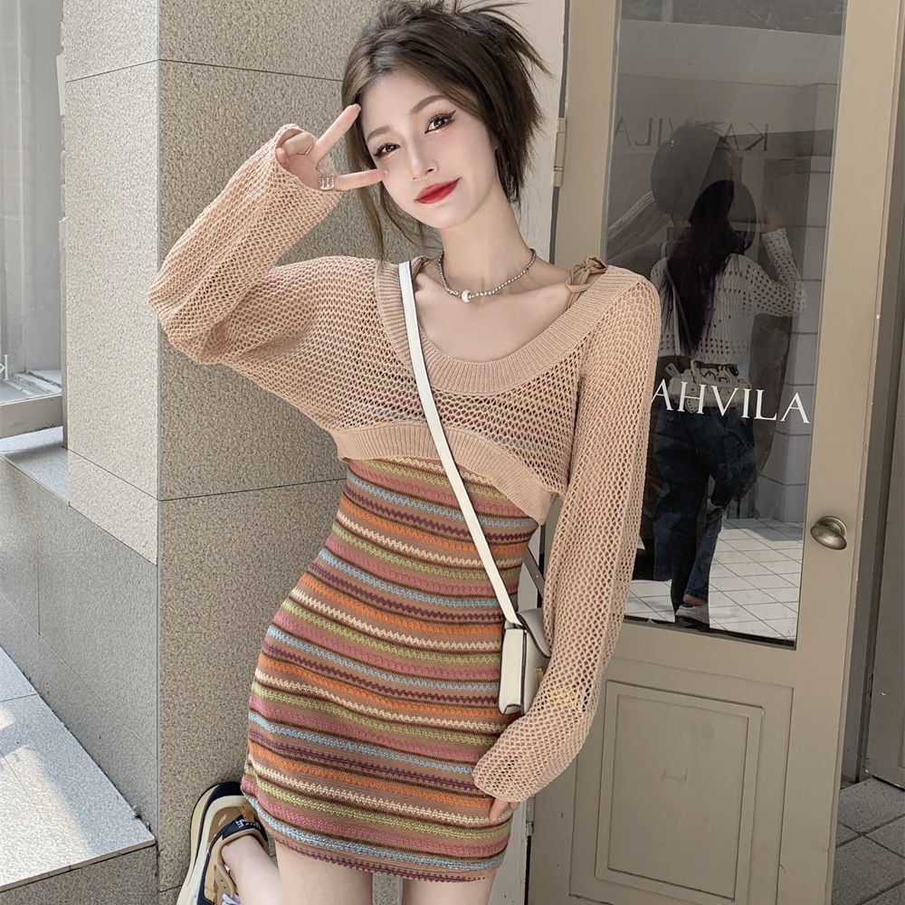 COZOK Set Áo Thun Ngắn Tay Họa Tiết Sọc Cầu Vồng + Đầm Không Tay Xinh Xắn Thời Trang Theo Phong Cách Hàn Quốc