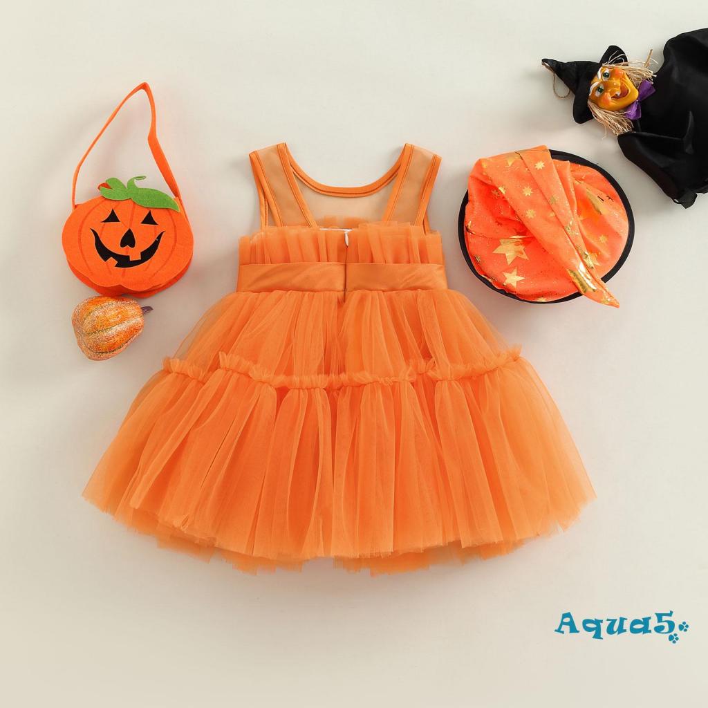 Aqq-đầm Xếp Tầng Không Tay Màu Trơn Kèm Mũ Phù Thủy Hóa Trang Halloween Cho Bé Gái