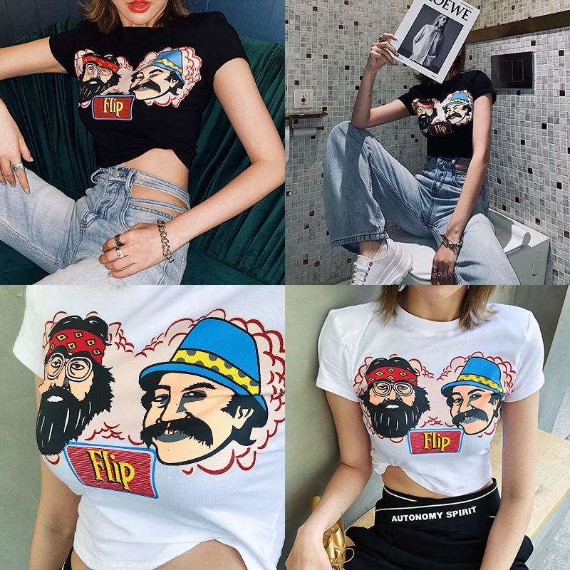Áo Croptop Ngắn Tay In Họa Tiết Xinh Xắn Dành Cho Nữ