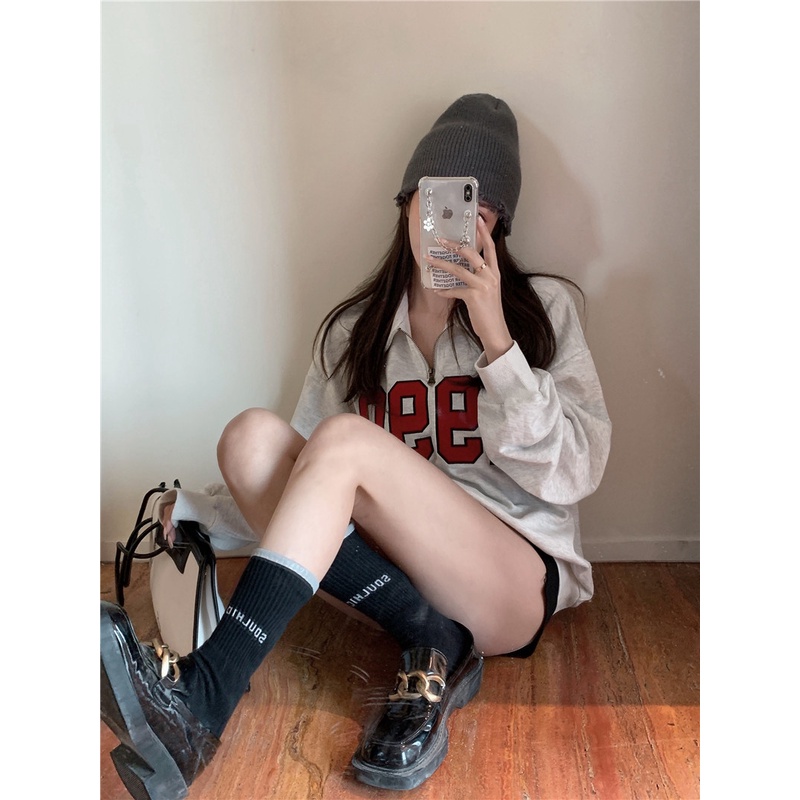 phụ nữ thời trang của Hàn Quốc quần áo lỏng lẻo retro polo cổ áo dài tay áo len | BigBuy360 - bigbuy360.vn