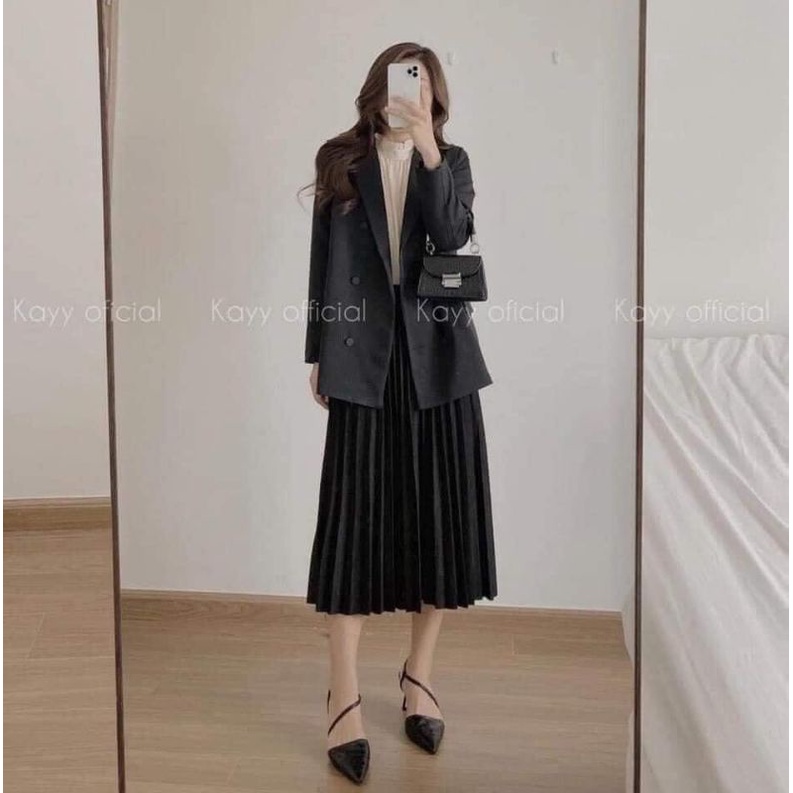 Chân váy midi FOREVER21 vintage thun cotton mỏng một lớp xếp ly lưng thun đen