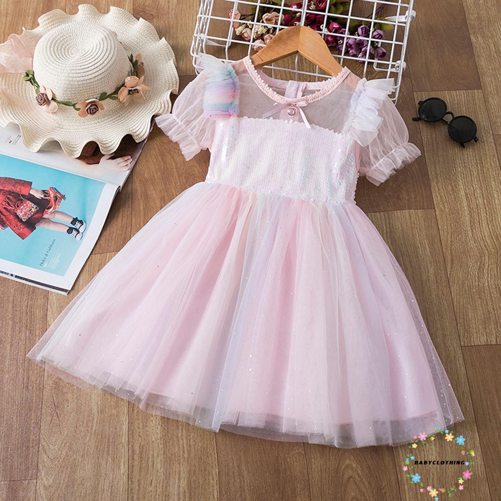 BBCQ-Kids Summer Princess Dress, Sequins Gauze Splicing O-Neck Short Bubble Sleeves Skirt with Back Zipper for Girls, 2-7 Years