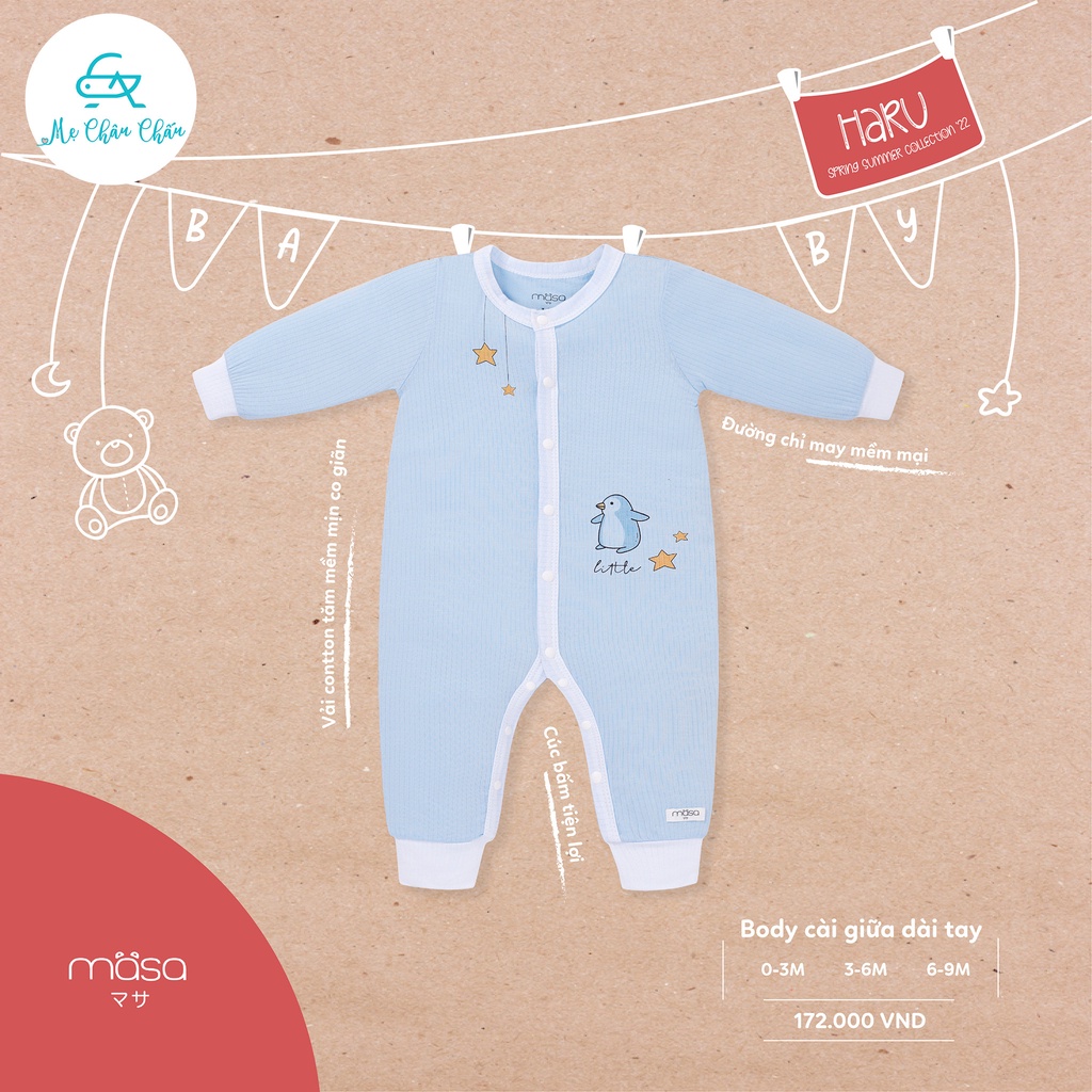 Bộ Body Cài Giữa Dài Tay Cotton Tăm Hè BST Masa Haru  (Size 0-3 Tháng đến 6-9 Tháng)