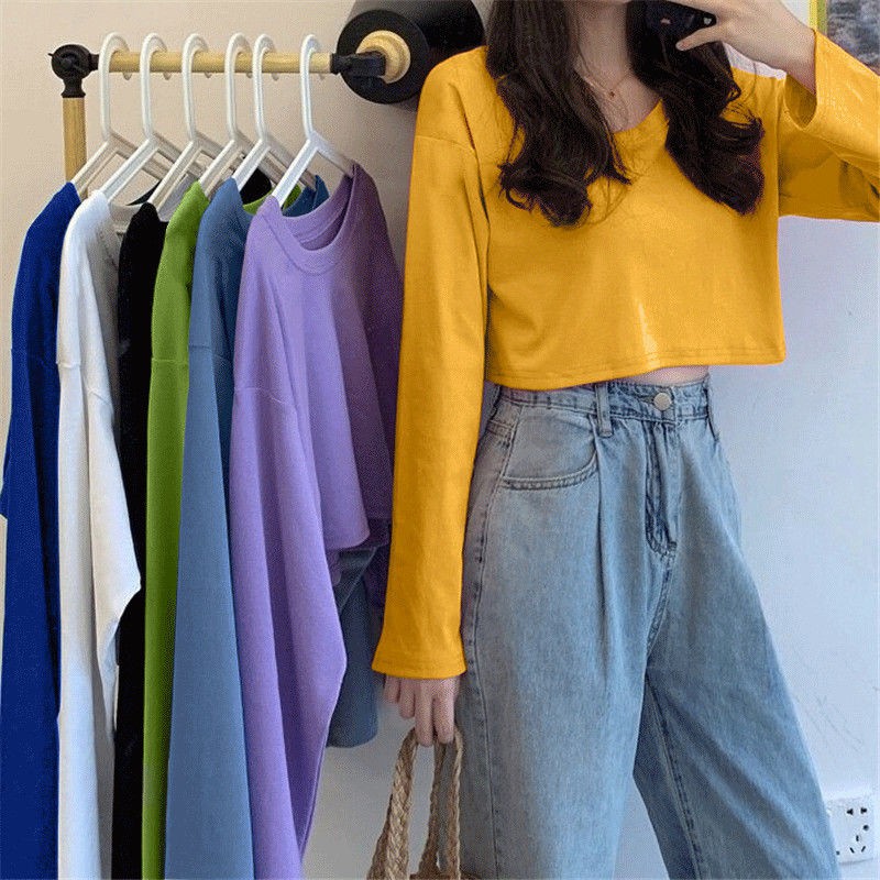 Fashion Plain Color Long Sleeve T-shirts For Women