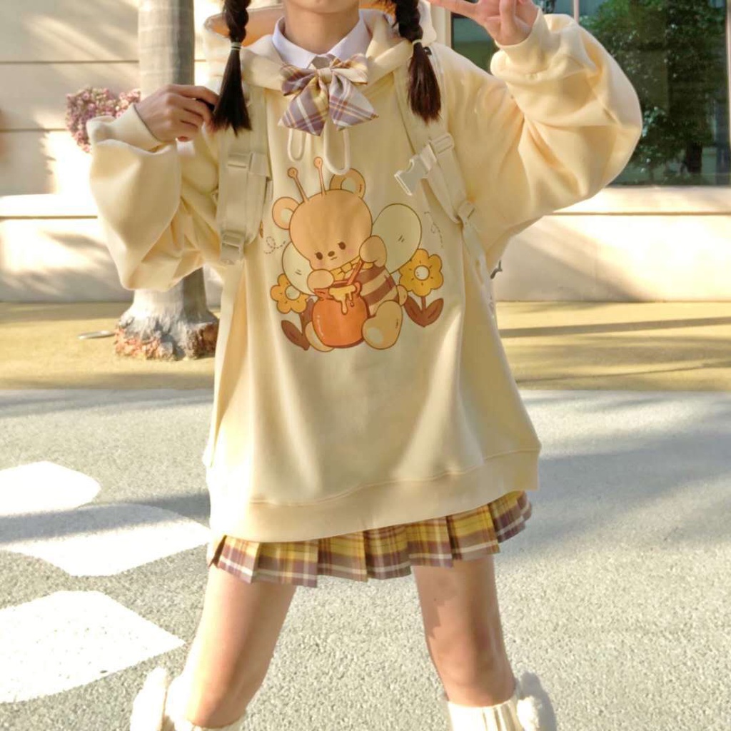 Áo Hoodie Form Rộng In Họa Tiết Gấu Dễ Thương Phong Cách Nhật Bản Cho Nữ Sinh
