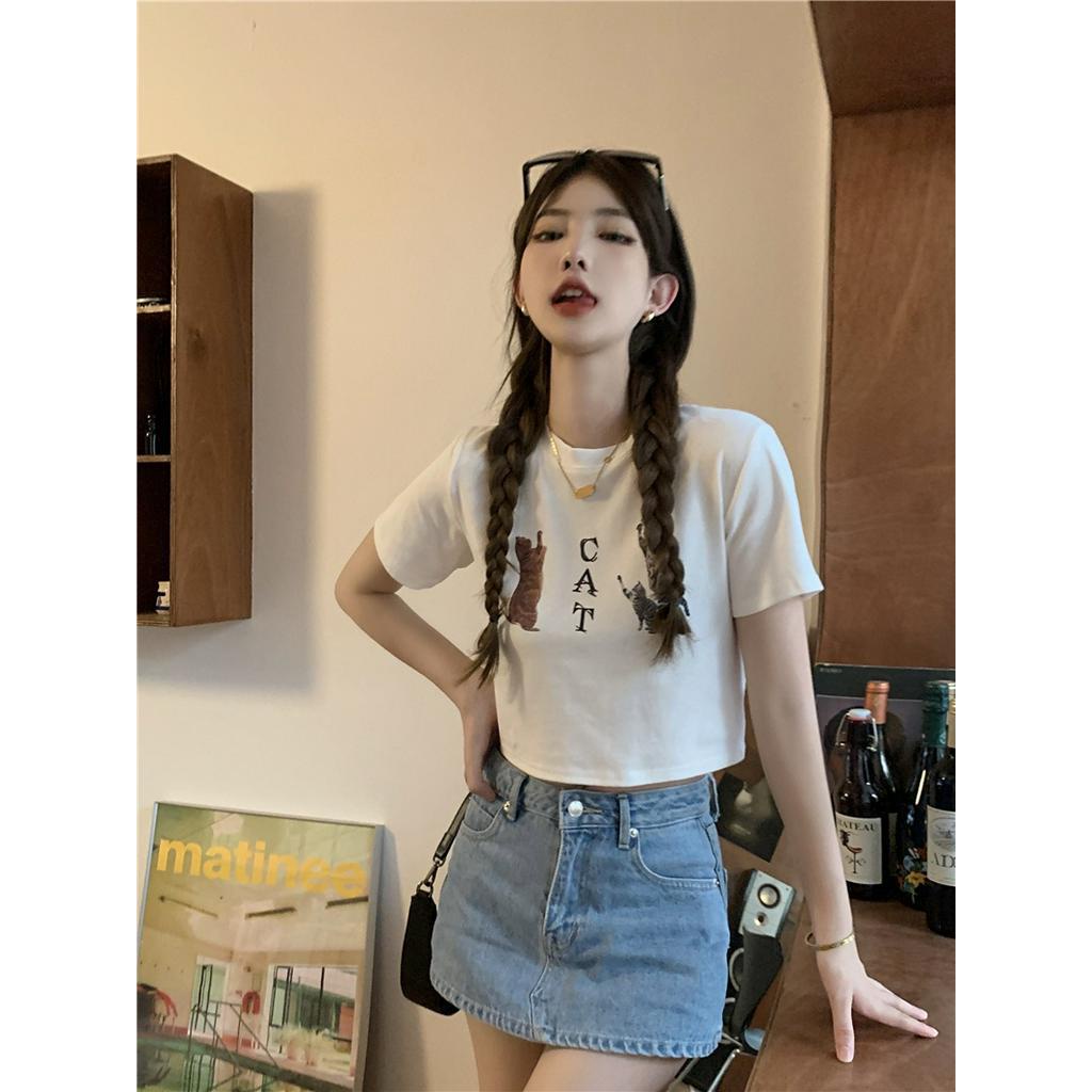 Áo Thun Ngắn Tay In Hình Mèo Phong Cách Retro Cá Tính 63402