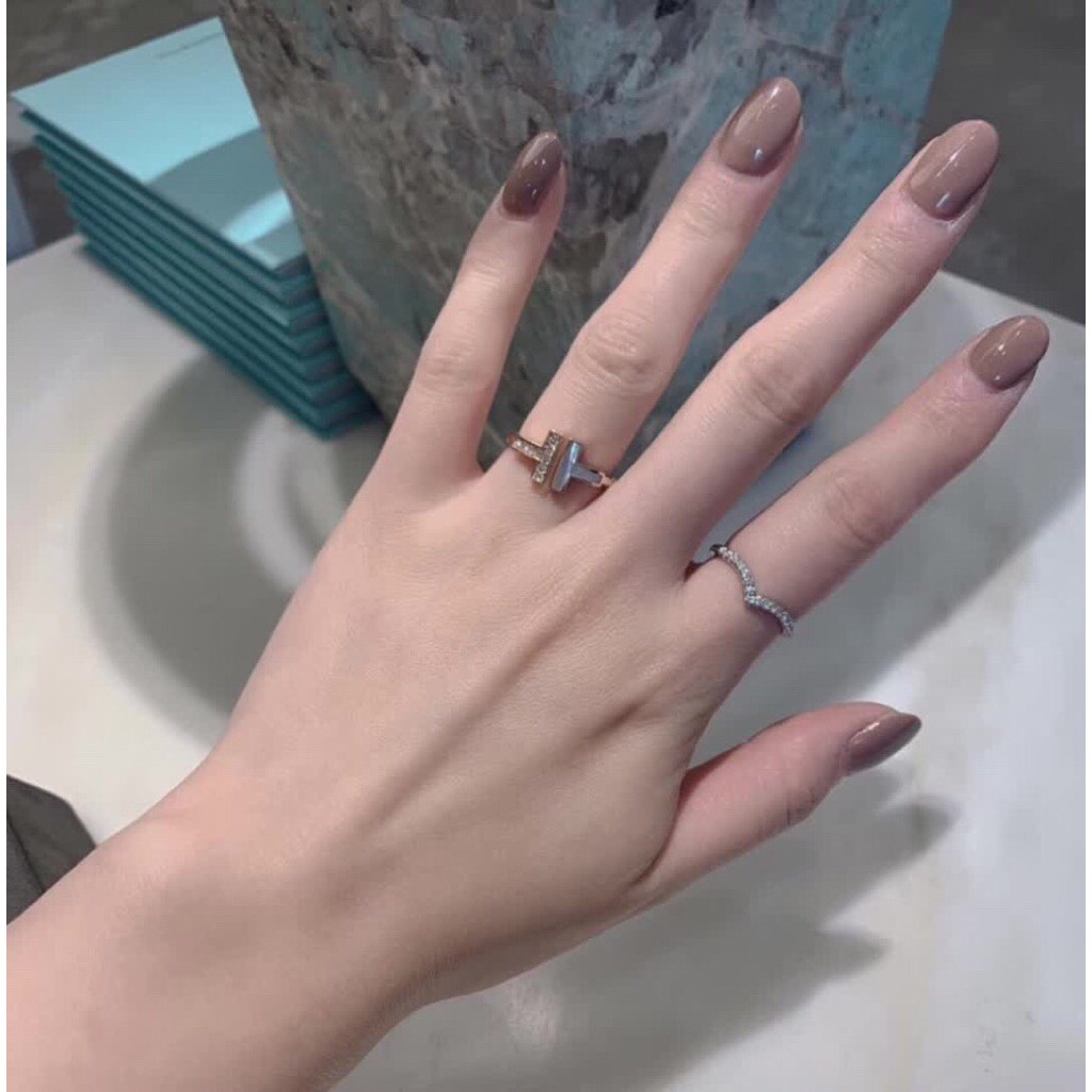 Nhẫn hở mặt chữ T đôi mạ vàng hồng 18K đính đá thời trang