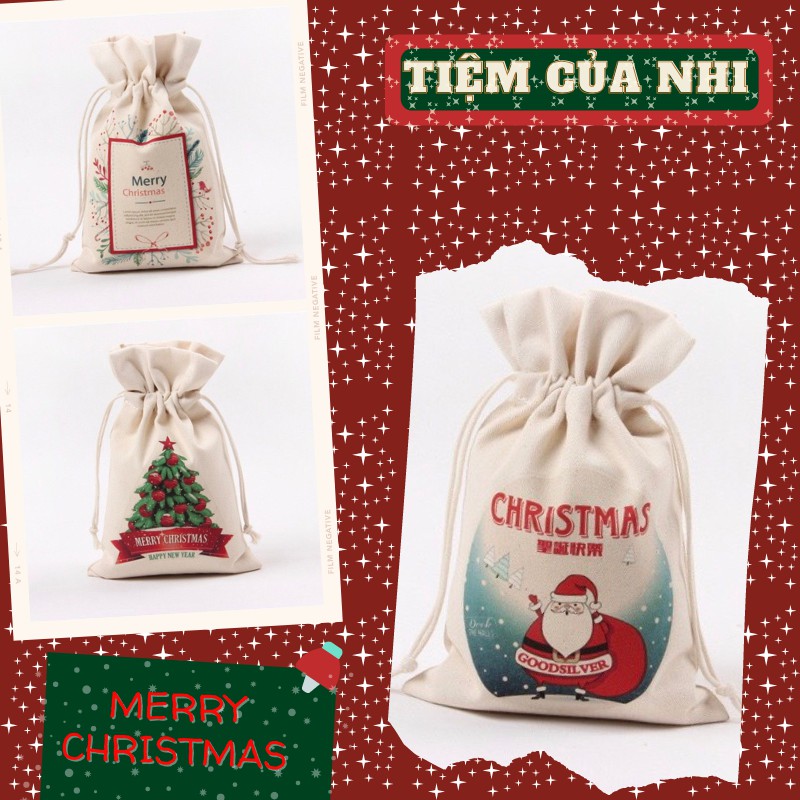 Túi vải dây rút mini cotton đựng đồ dùng cá nhân trang điểm in hình noel món quà giáng sinh 16X23CM Tiệm Của Nhi TVDR01