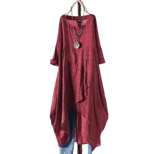 ZANZEA Đầm maxi dáng rộng cổ tròn sọc caro thời trang dành cho nữ