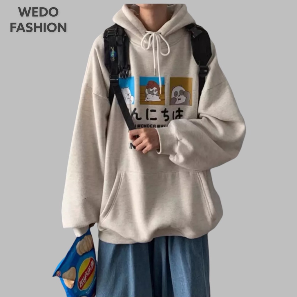 Áo Hoodie nam nữ in chữ KONNICHIWA, vải nỉ mềm mịn phối nón phong cách cá tính