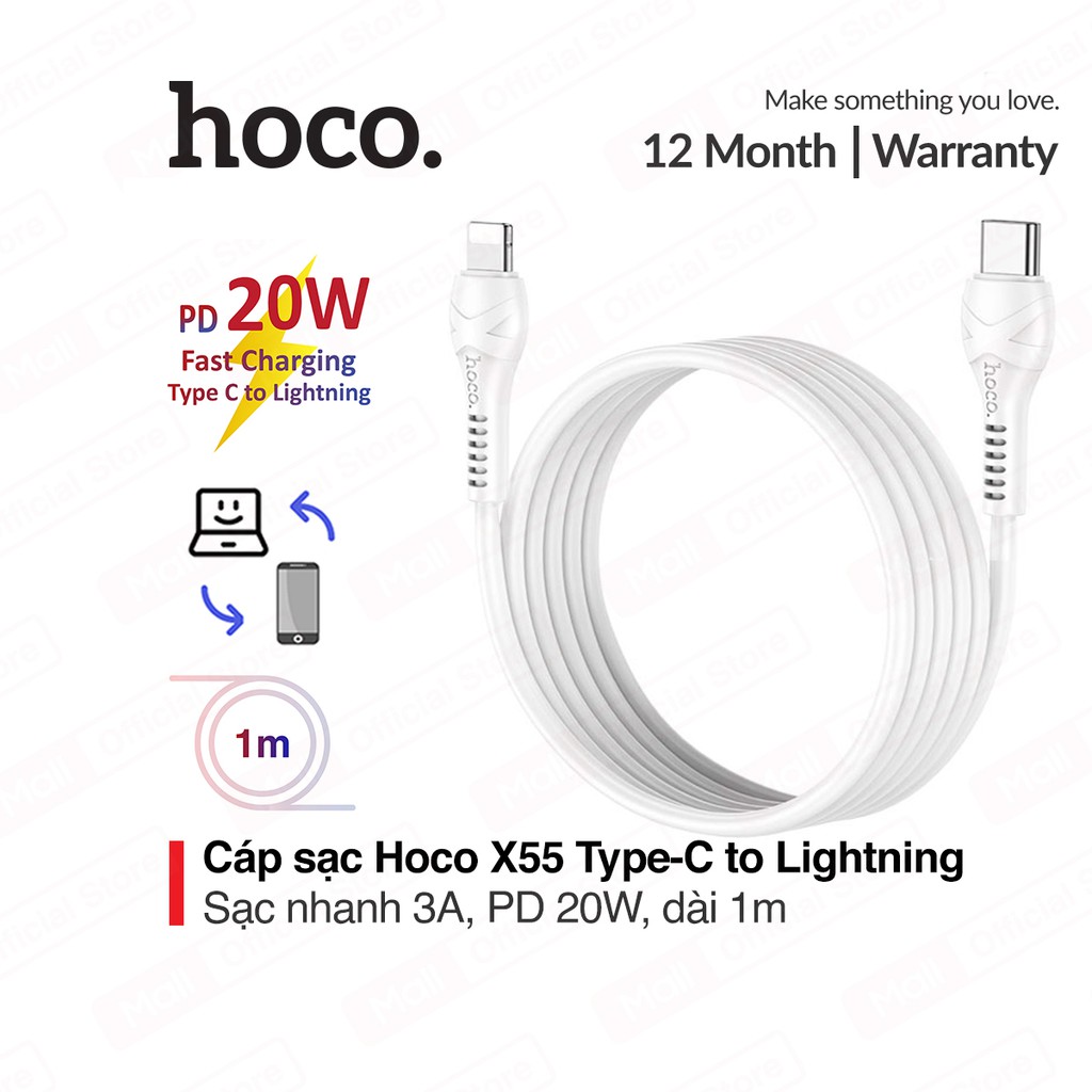 ⚡Giao Nhanh⚡ Cáp sạc PD 20W HOCO X55 Type C to Lightning iPhone iPad sạc nhanh 3A 20W  dây dẻo, đầu sạc chống đứt dài 1m