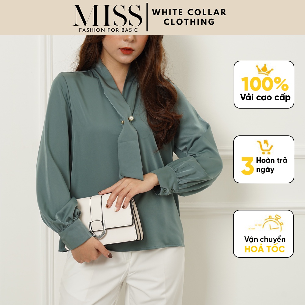 Áo sơ mi dài tay nơ cổ , áo lụa công sở nữ phong cách Hàn form rộng, cao cấp màu Trắng Đen MISS CLOTHINGS SM-04