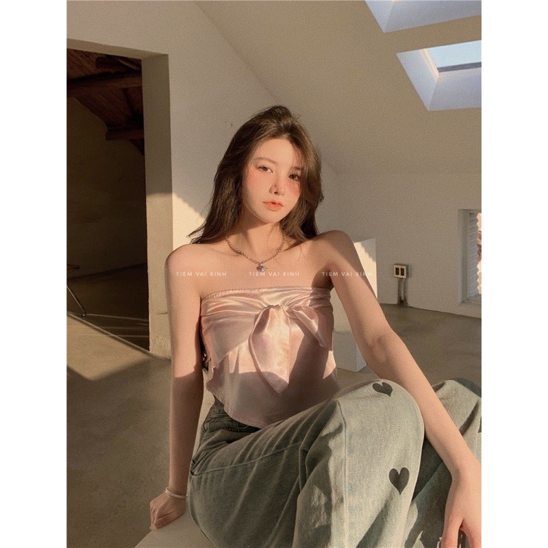 Áo Croptop Bandana 🍊[Tiệm Vải Xinh]🍊 Áo Ống Croptop Bandana Lưng Chun Màu Hồng