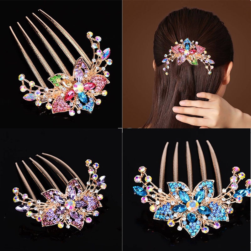 ❥Viburnum♔•Crystal Hair Comb Colorful Flowers Rhinestone Hairpins Exquisite Retro Women's Hollow Out Hairpin Fashion Hair Accessories Headdress 6 Colors