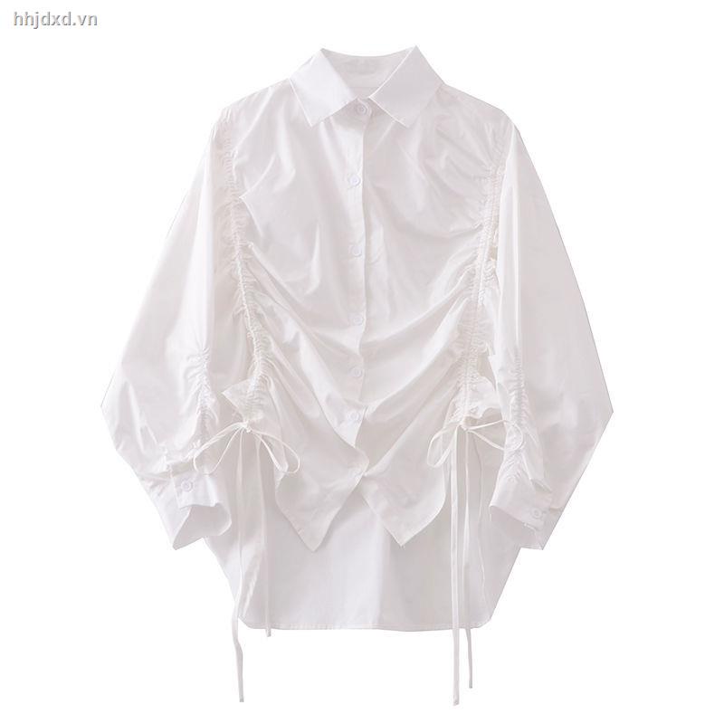 Áo sơ mi trắng thiết kế dây rút phong cách Hong Kong thời trang mùa thu mới cho nữ 2021