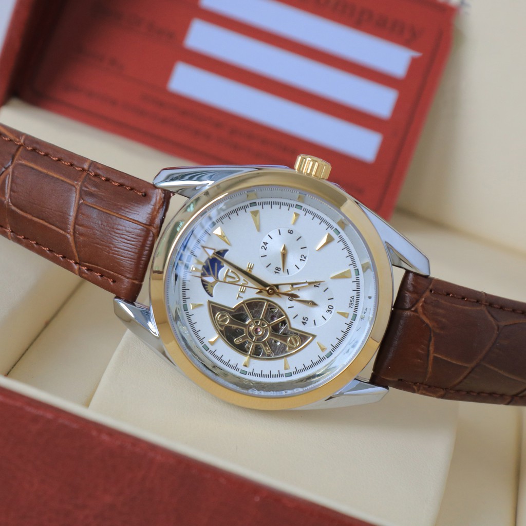 Đồng hồ cơ nam dây da cao cấp Tevise T795 full box, mặt kính sapphire chống xước, chống nước, bảo hành 03 năm | BigBuy360 - bigbuy360.vn