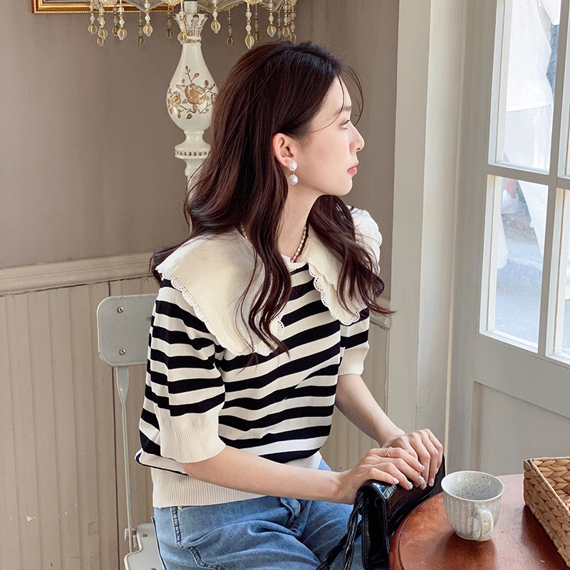Áo Dệt Kim Cổ Bẻ Tay Ngắn Phối Ren Hoa Hoạ Tiết Kẻ Sọc Có Thể Tháo Rời 51157