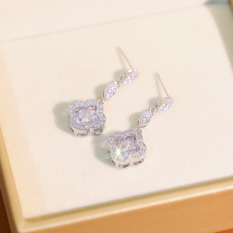 Bông tai bạc 925 JIUDUOLAN dáng dài hình cỏ bốn lá đính đá zircon nhân tạo thanh lịch phong cách Hàn Quốc cho nữ