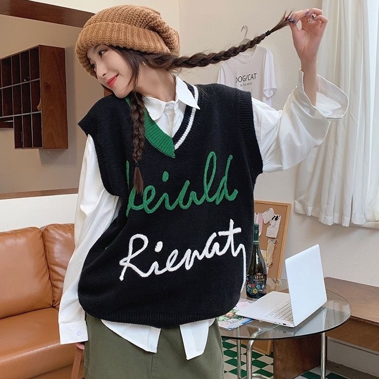 Áo Dệt Kim Sát Nách Dáng Rộng In Chữ Phối Màu Mới Trẻ Trung Cho