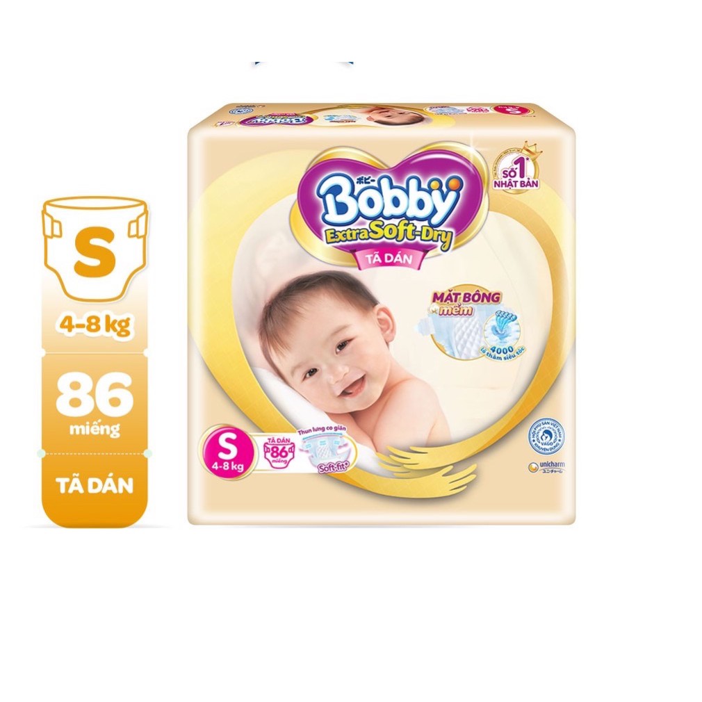 Tã Dán cao cấp Bobby Extra Soft Dry Mặt Bông Siêu Mềm Size S86 miếng cho bé 4-8kg