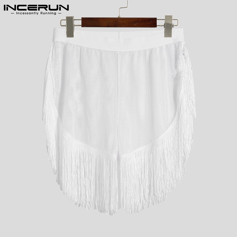 Quần short Incerun màu trắng phối tua rua thiết kế xuyên thấu thoáng khí thời trang cho nam