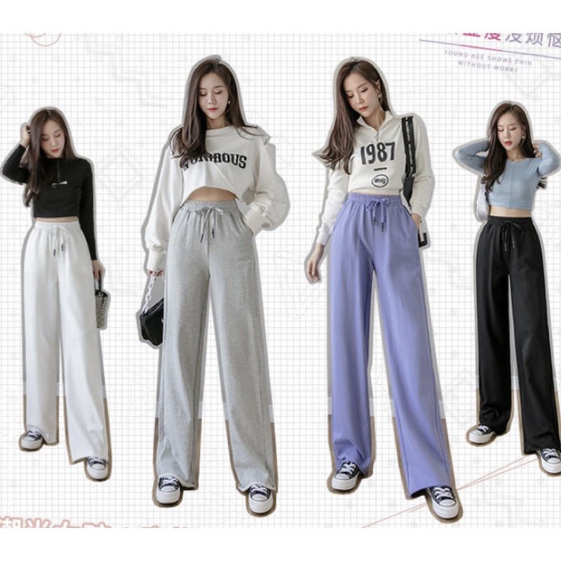 Quần ống rộng suông nỉ thun da cá line rách vải dày dặn