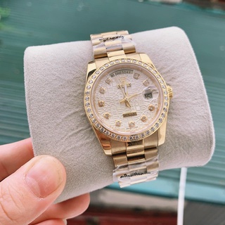Đồng hồ Nam Rolex day date máy nhật vành đá măt vàng vi tính dòng cơ Automatic mặt size 38mm