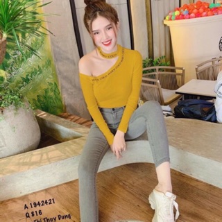 Áo thun lụa lệch vai chocker HÀNG Y HÌNH