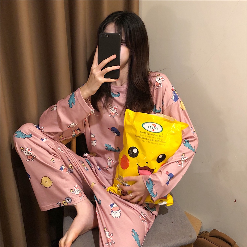 Bộ Đồ Ngủ Tay Dài Hai Món In Họa Tiết Dễ Thương Phong Cách Nhật Bản Thời Trang Mùa Thu Cho Nữ